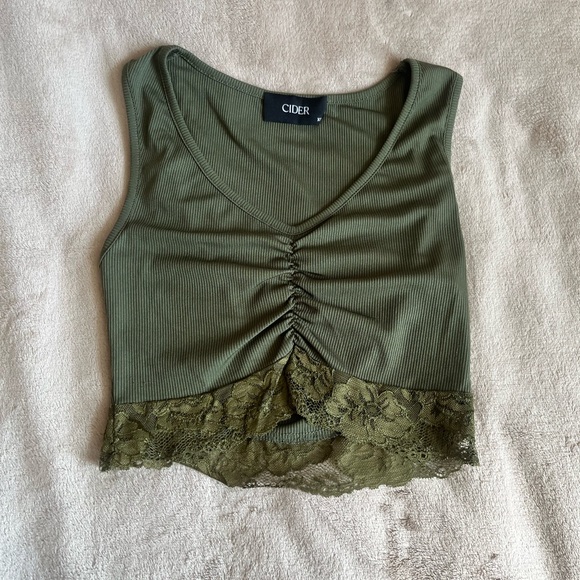 Cider Tops - Cider Olive Green Lace Trim Cropped Tank Top Women’s Extra Small